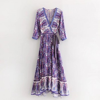 Floral Print Pleated Sashes Wrap Long Dress Women V Neck Red Purple